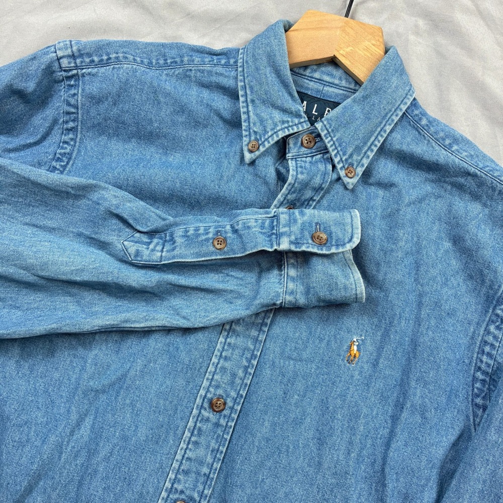 Ralph Lauren Denim Shirt Womens 4 Long Sleeve Cotton Button Down Flesh Pony Logo